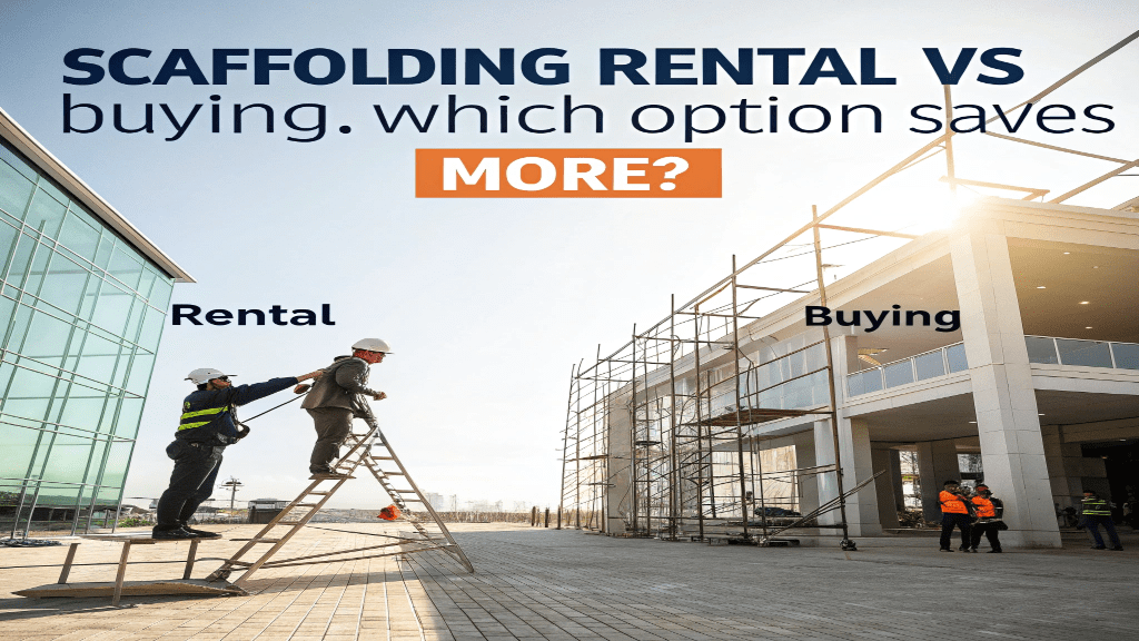 Scaffolding Rental vs Buying comparison at a construction site showing temporary rental and permanent buying options