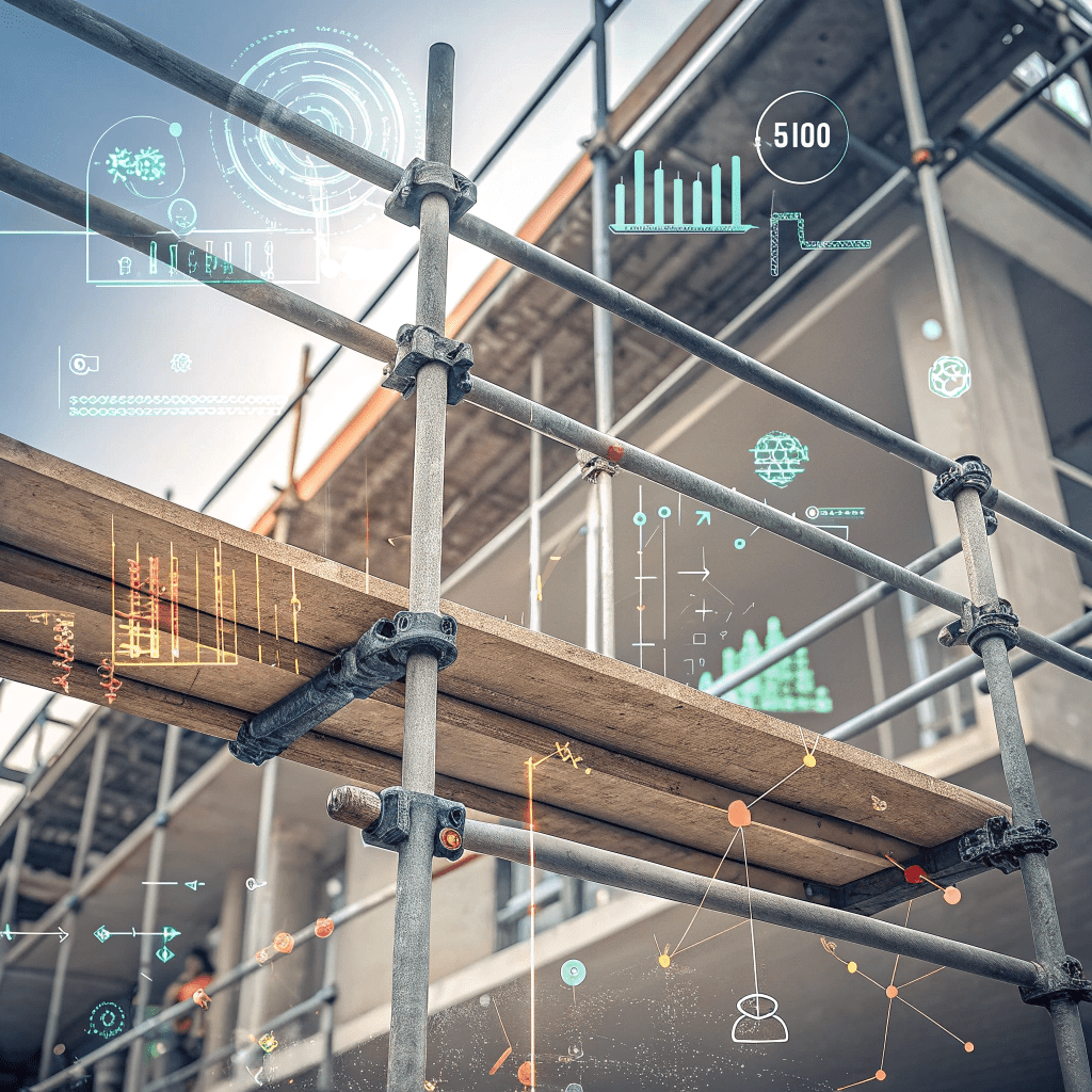 Close-up of scaffolding with digital overlays showing IoT sensors, data graphs, and AI alerts highlighting weak joints and safety risks.