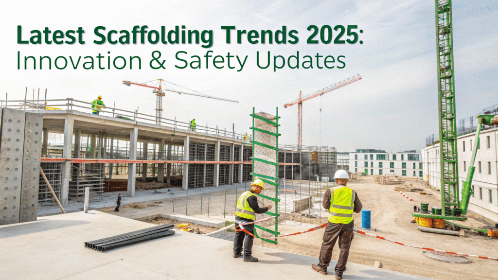 Modern scaffolding systems showing modular structures, IoT sensors, and drones, representing latest scaffolding trends in 2025