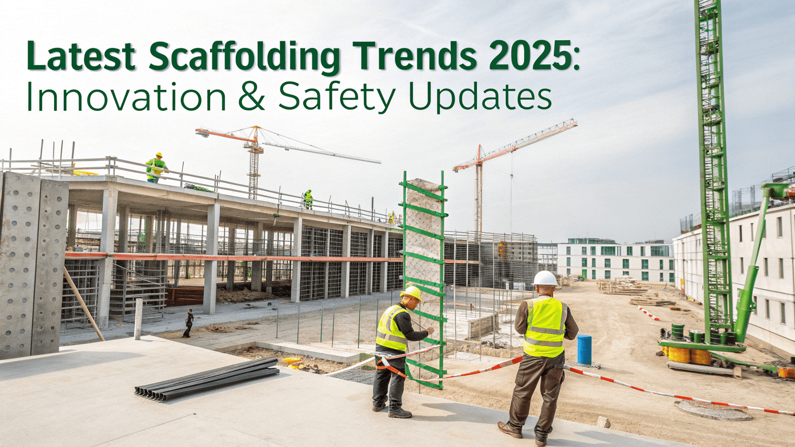 Modern scaffolding systems showing modular structures, IoT sensors, and drones, representing latest scaffolding trends in 2025