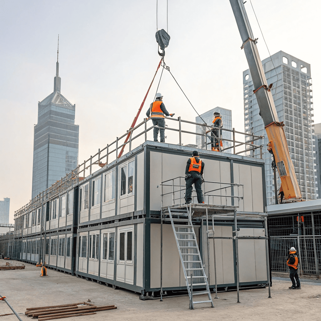 Workers assembling modular scaffolding on a construction site with prefabricated sections being lifted by crane, modern architecture in background.
