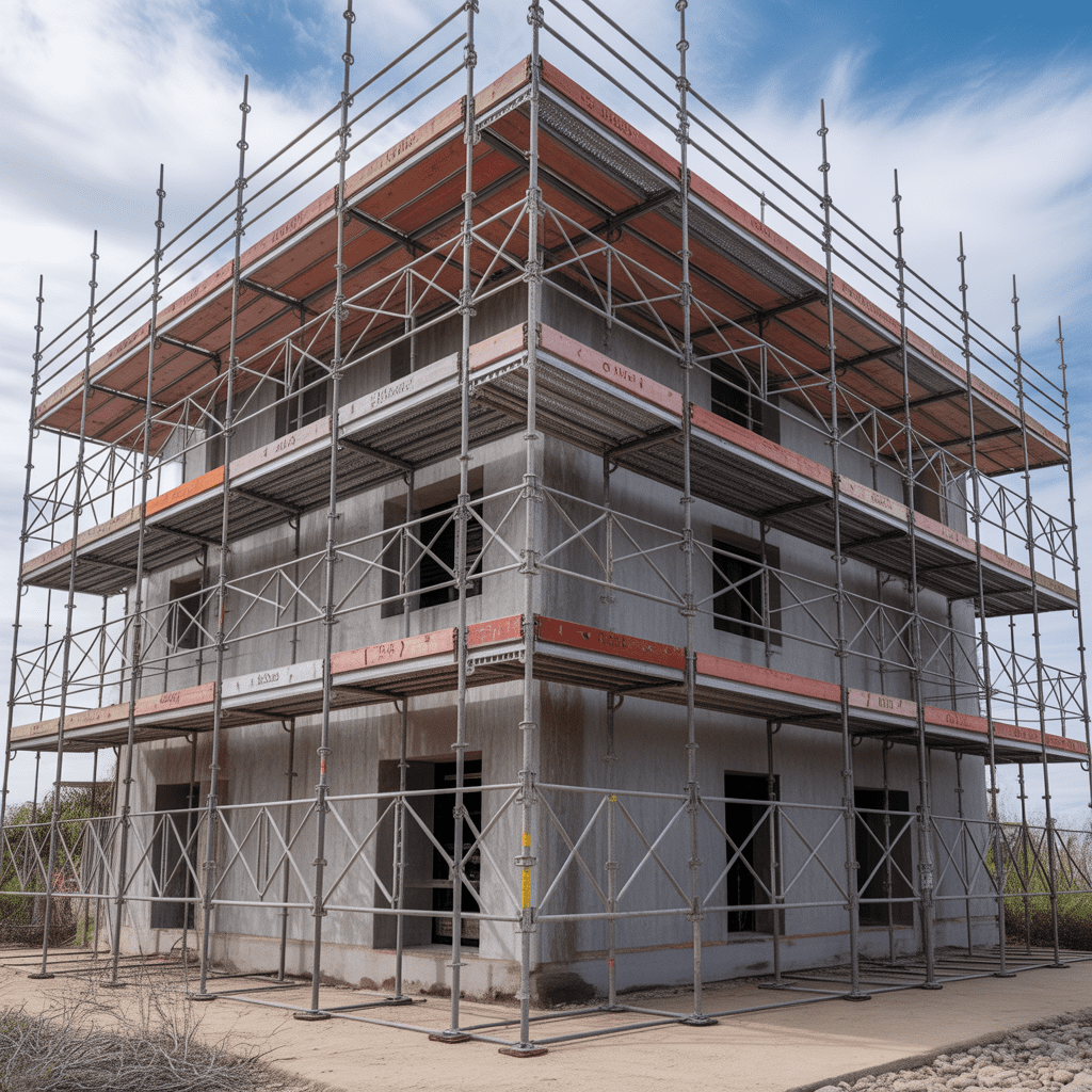 Vertical steel shoring props supporting horizontal yellow H-beams.