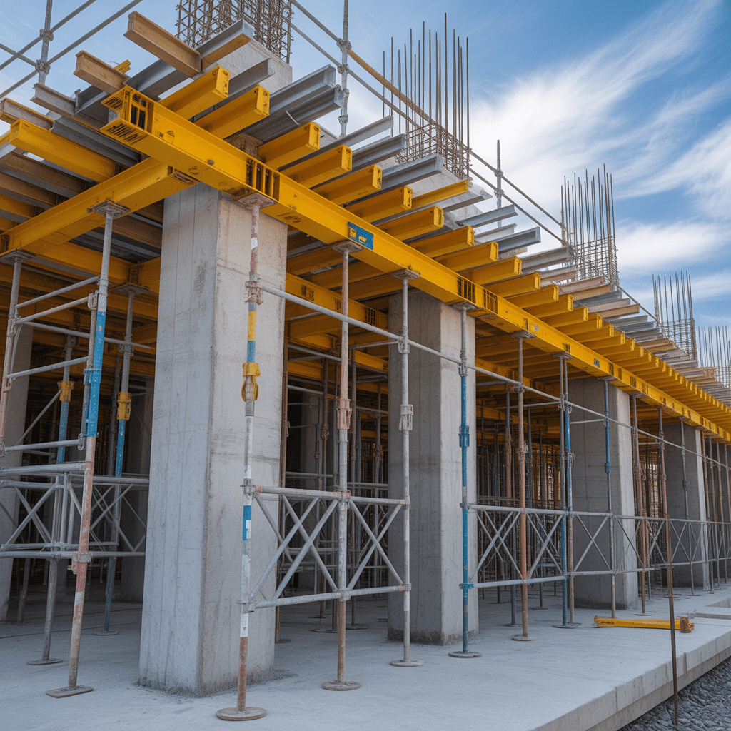 Mobile metal scaffolding unit with wheels on a concrete floor.