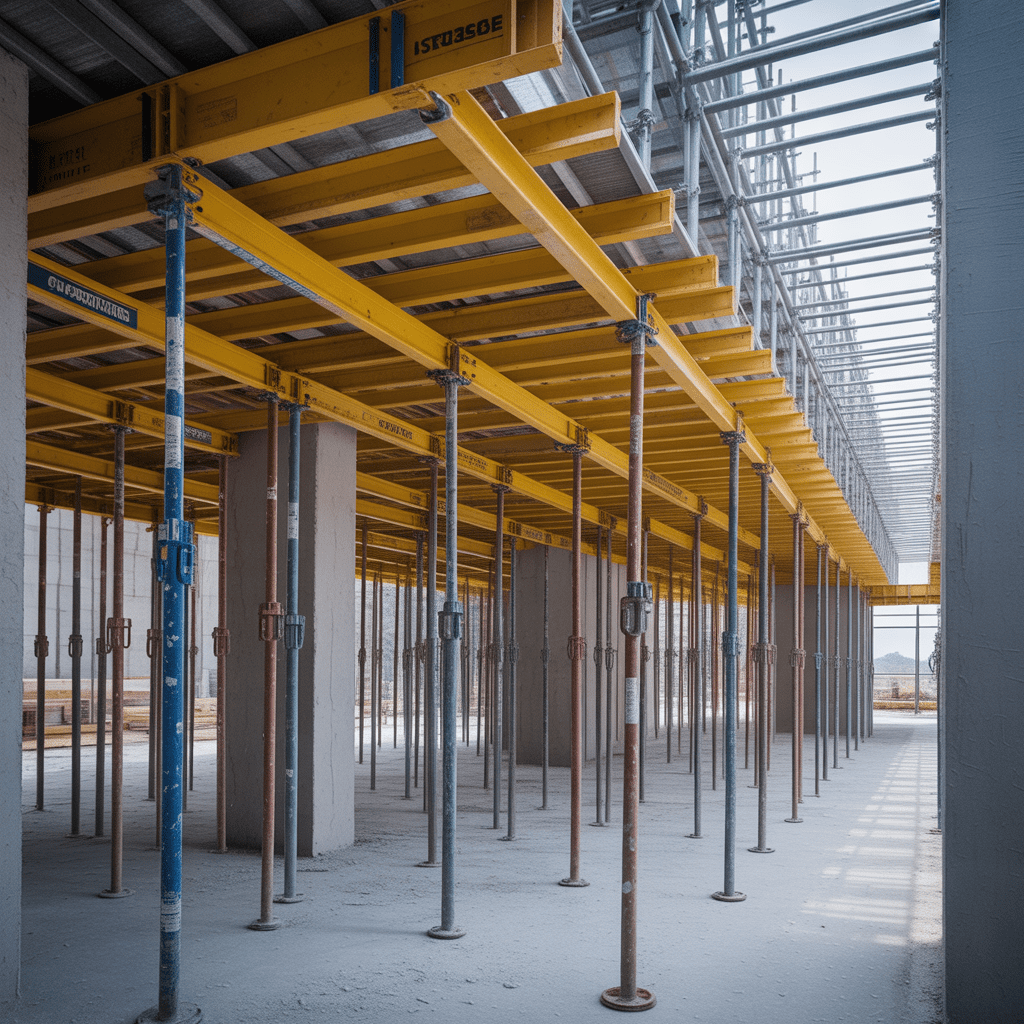 Steel scaffolding structure wrapping around a multi-story concrete building.