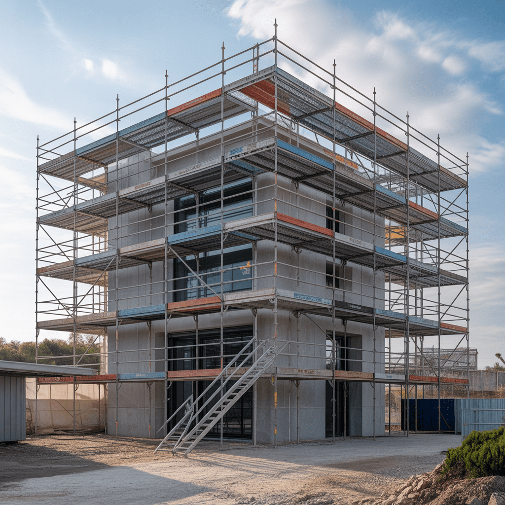 Linear perspective of a long corridor of metal shoring props and yellow beams
